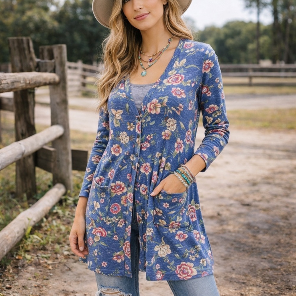 Agnes & Dora Cardigan Blue Pink Floral Hip Length Soft Comfortable Size Small